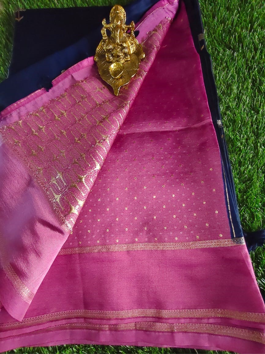 Navy Blue Raw Silk Saree with Allover Buta Weaving and Pink Gap Border