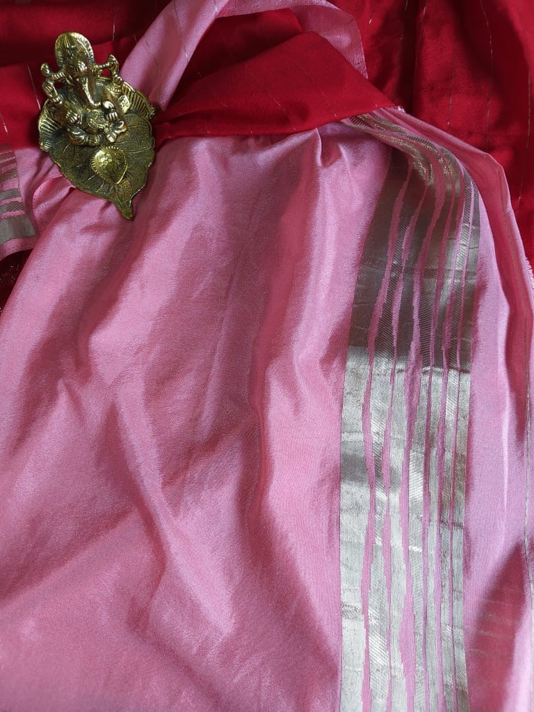 Red Georgette Saree with Pink Border and Gold Zari Weaving