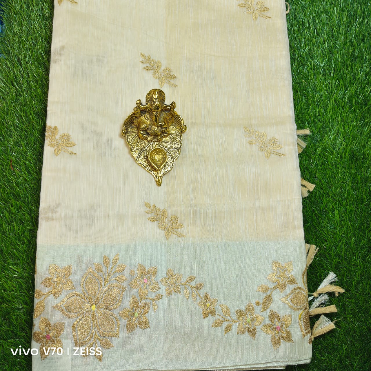 Beautiful Cream Chanderi Saree with Mint Green Border and Gold Floral Embroidery