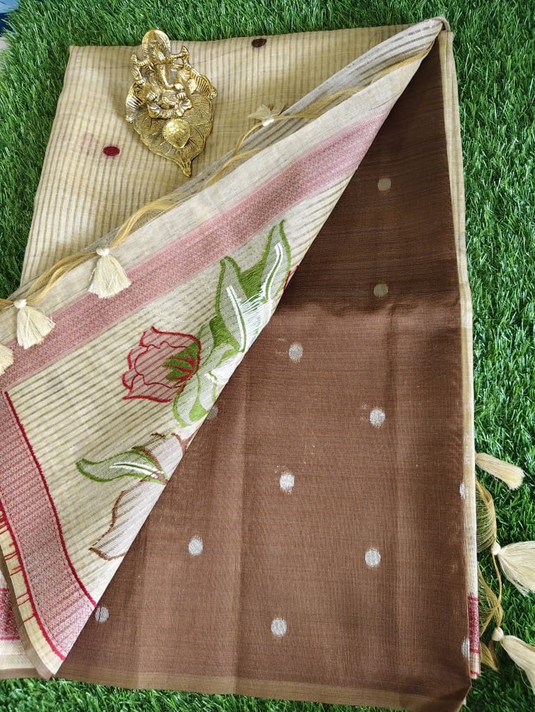 Mustard Jamdhani Tissue Saree with Scattered Motifs and Tassel Pallu