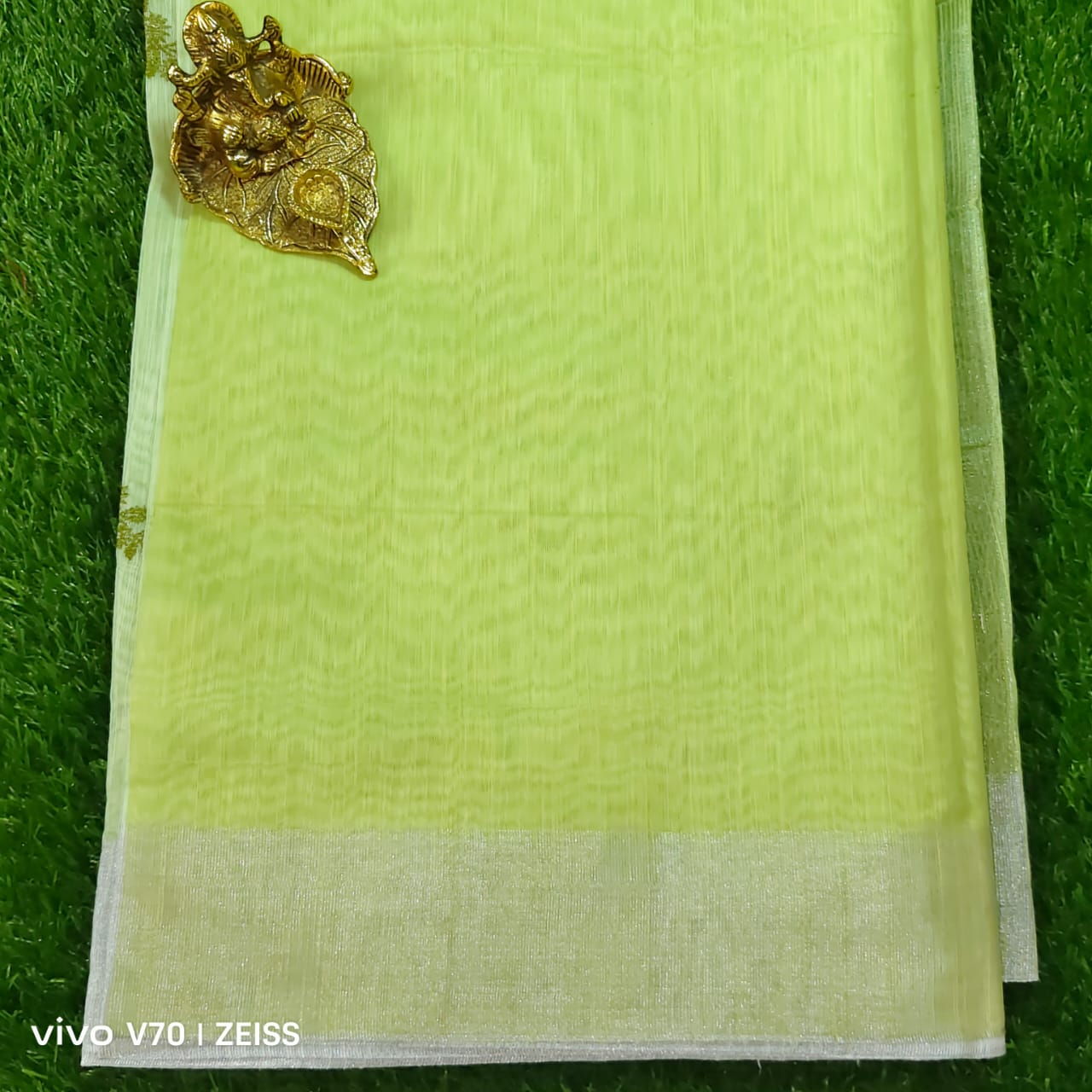 Beautiful Light Green Chanderi Saree with Silver Border and Gold Floral Embroidery