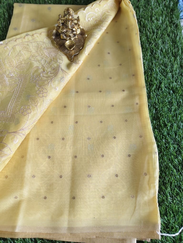 Elegant Yellow Kota Saree with Organza Embroidered Border