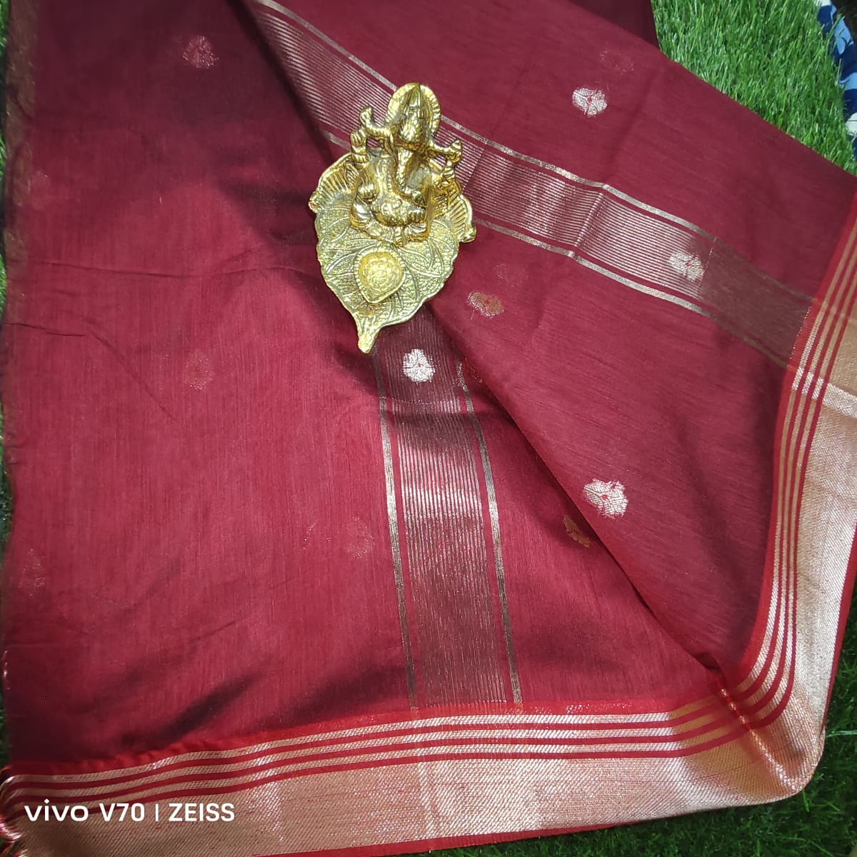 Maroon Red Chanderi Cotton Saree with Gold Zari Border and Woven Motifs