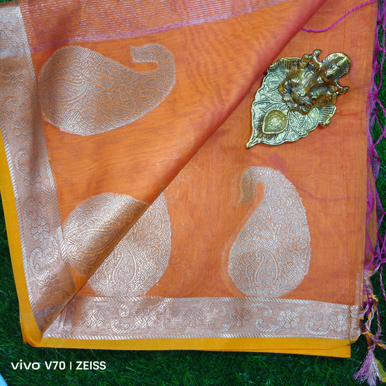 Royal Orange Chanderi Saree with Gold Zari Mango Motifs