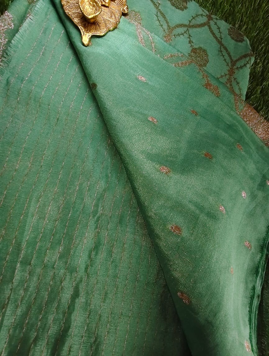 Classic Lux Green Khaddi Jaal Pure Georgette Saree with Antique Zari Work