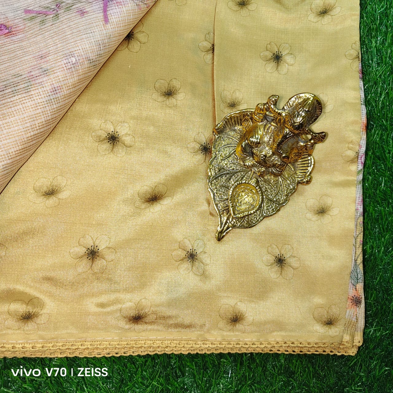 Sandalwood Kota Doria Floral Saree with Lace Border