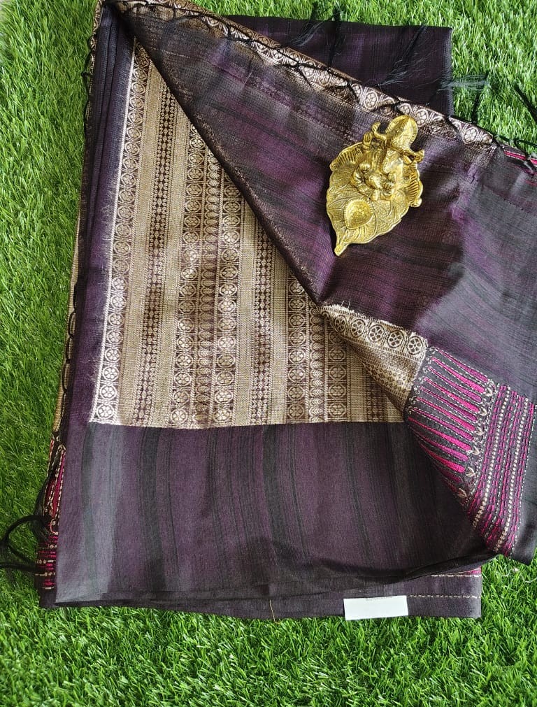 Elegant Wine Jute Linen Saree with Rich Gold Brocade