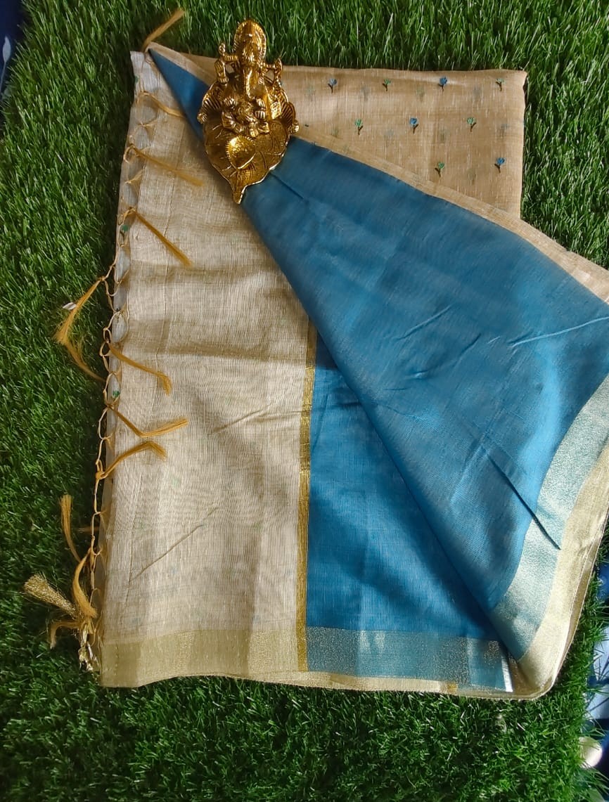Elegant Beige Chanderi Saree with Contrast Blue Blouse