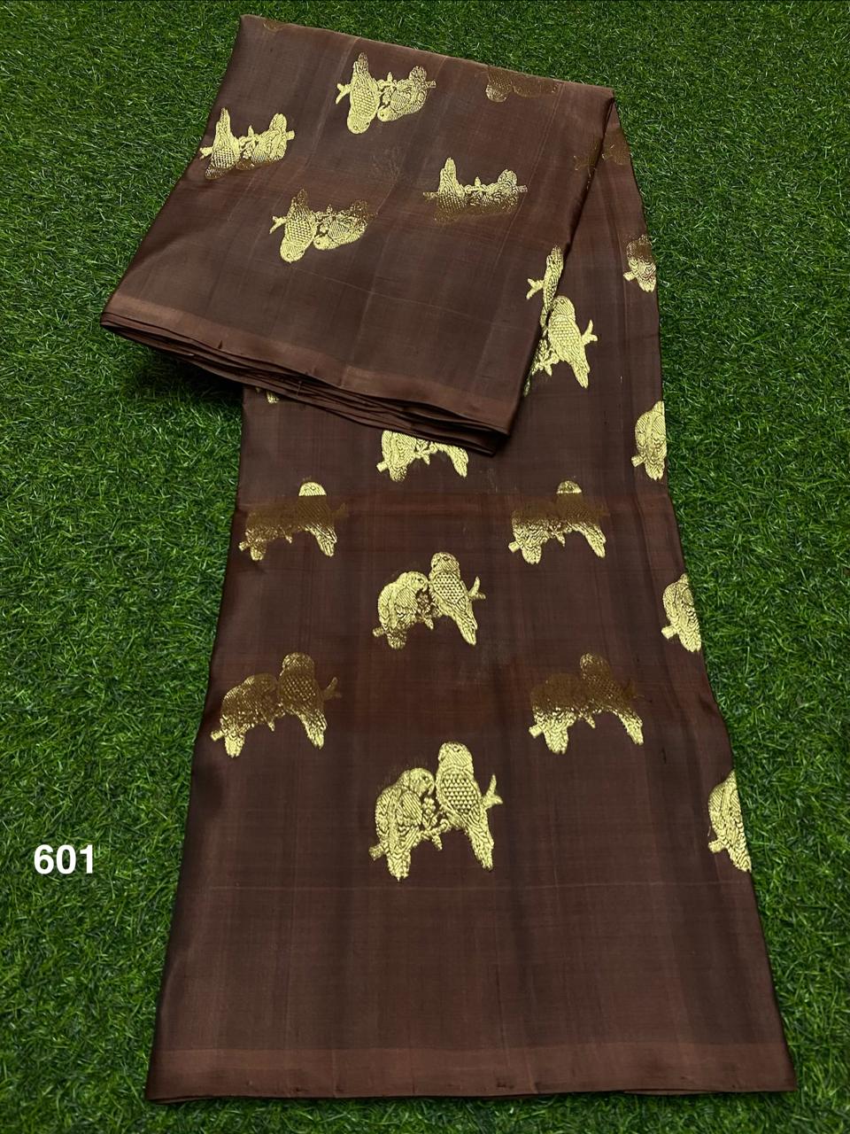 Venkatagiri Pure Handloom Pattu Borderless Saree with Handwork Buta – Brown with Gold Zari