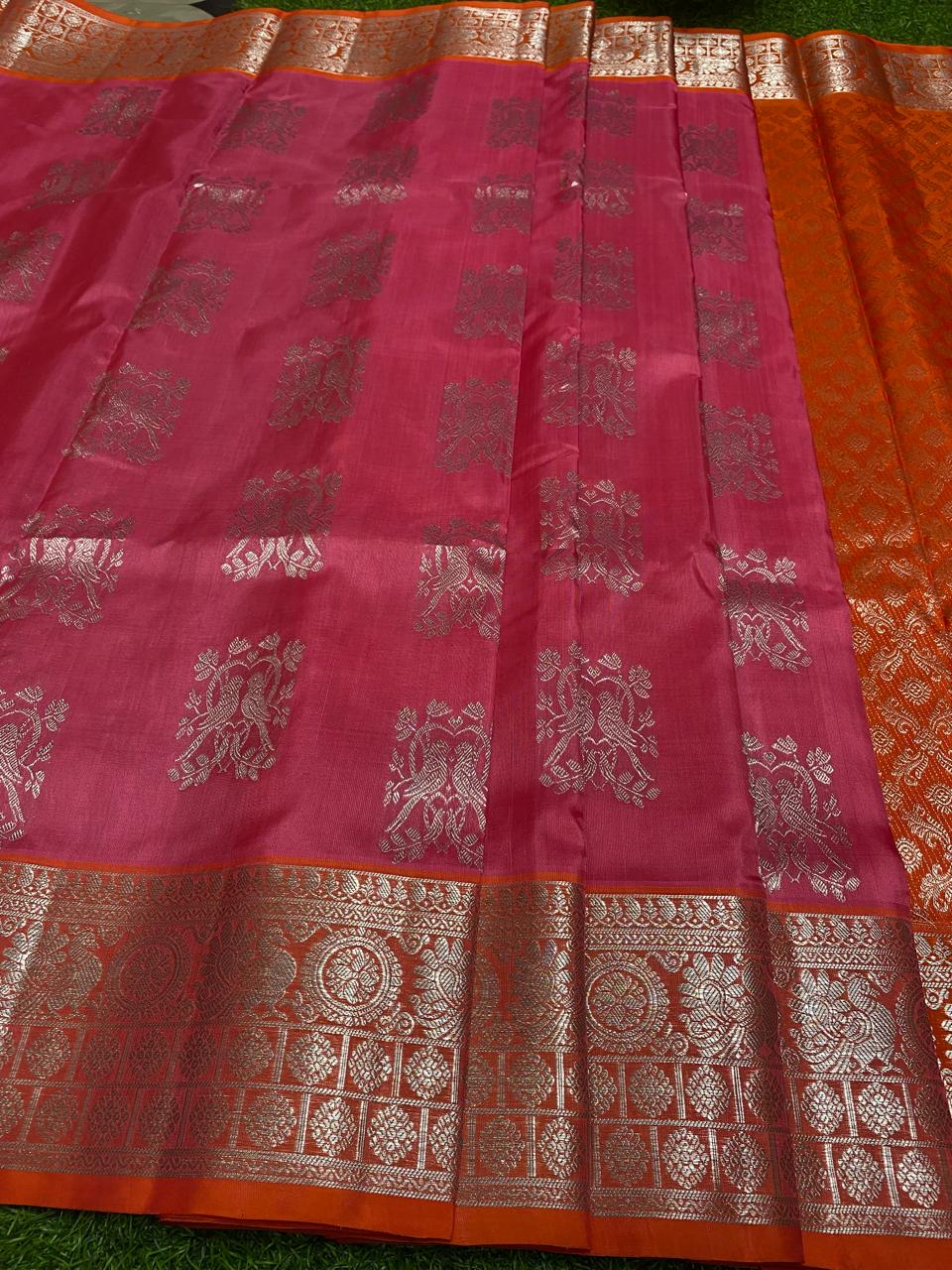 Venkatagiri Pure Handloom Pattu Saree with 6 Inch Designer Border and Hand Buta