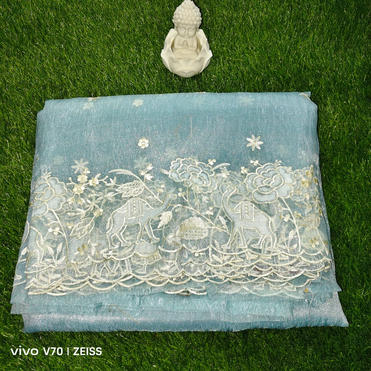 Premium Ice Blue Tissue Organza Saree with Intricate Applique Embroidery