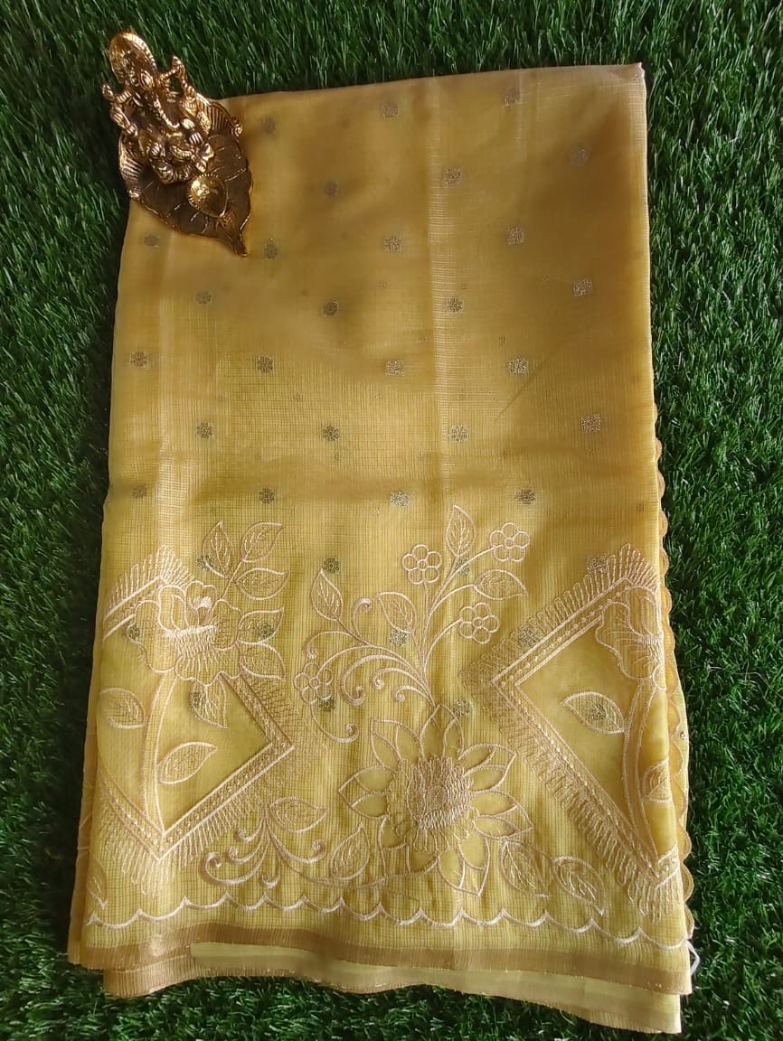 Elegant Yellow Kota Saree with Organza Embroidered Border