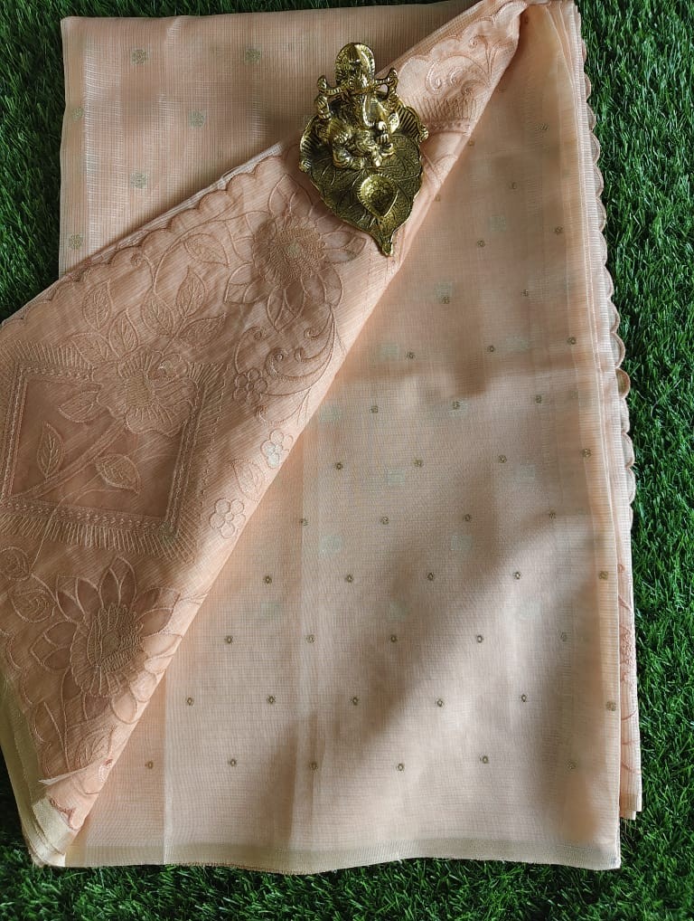 Elegant Peach Kota Saree with Organza Embroidered Border