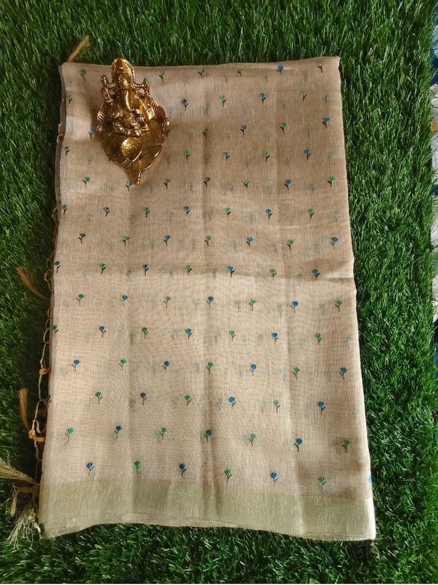 Elegant Beige Chanderi Saree with Contrast Blue Blouse