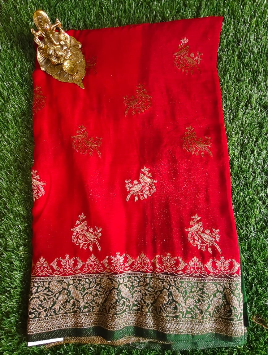 Beautiful Red Khaddi Georgette Saree with Green Contrast Border and Parrot Motifs