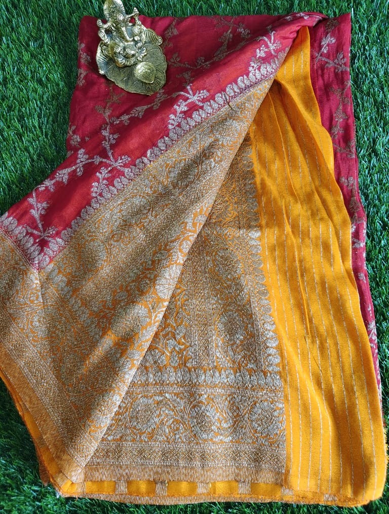 Beautiful Red Khaddi Jaal Pure Georgette Saree with Mango Yellow Border