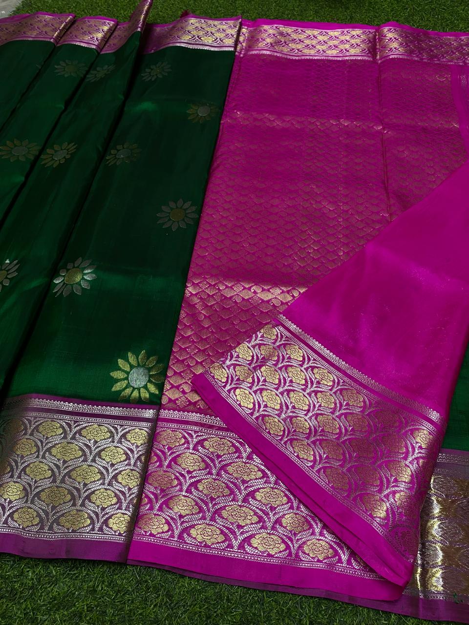 Venkatagiri Pure Handloom Pattu Saree with 6 Inch Border Special Jandhani Work and Hand Buta