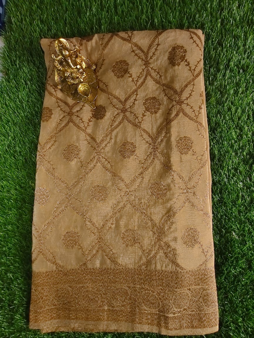 Beautiful Beige Khaddi Jaal Pure Georgette Saree with Antique Zari Work