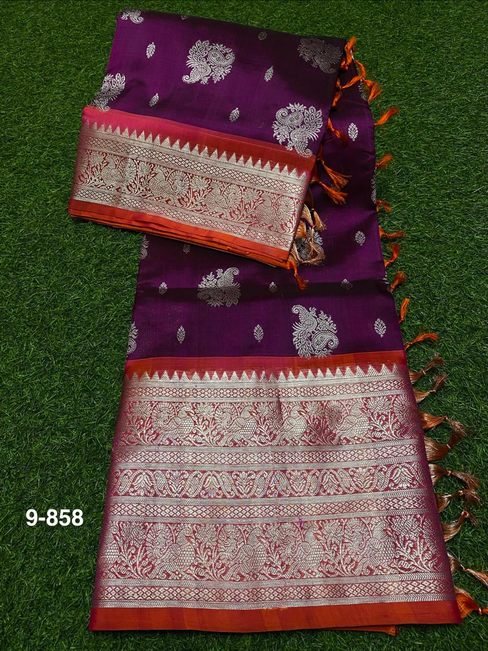 Venkatagiri Pure Handloom Pattu Saree with 10 Inch Rich Zari Border and Handwork Buta – Purple & Orange