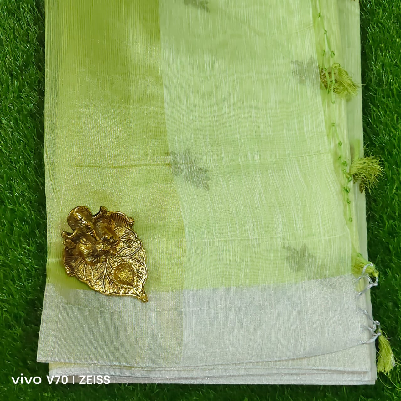 Beautiful Light Green Chanderi Saree with Silver Border and Gold Floral Embroidery