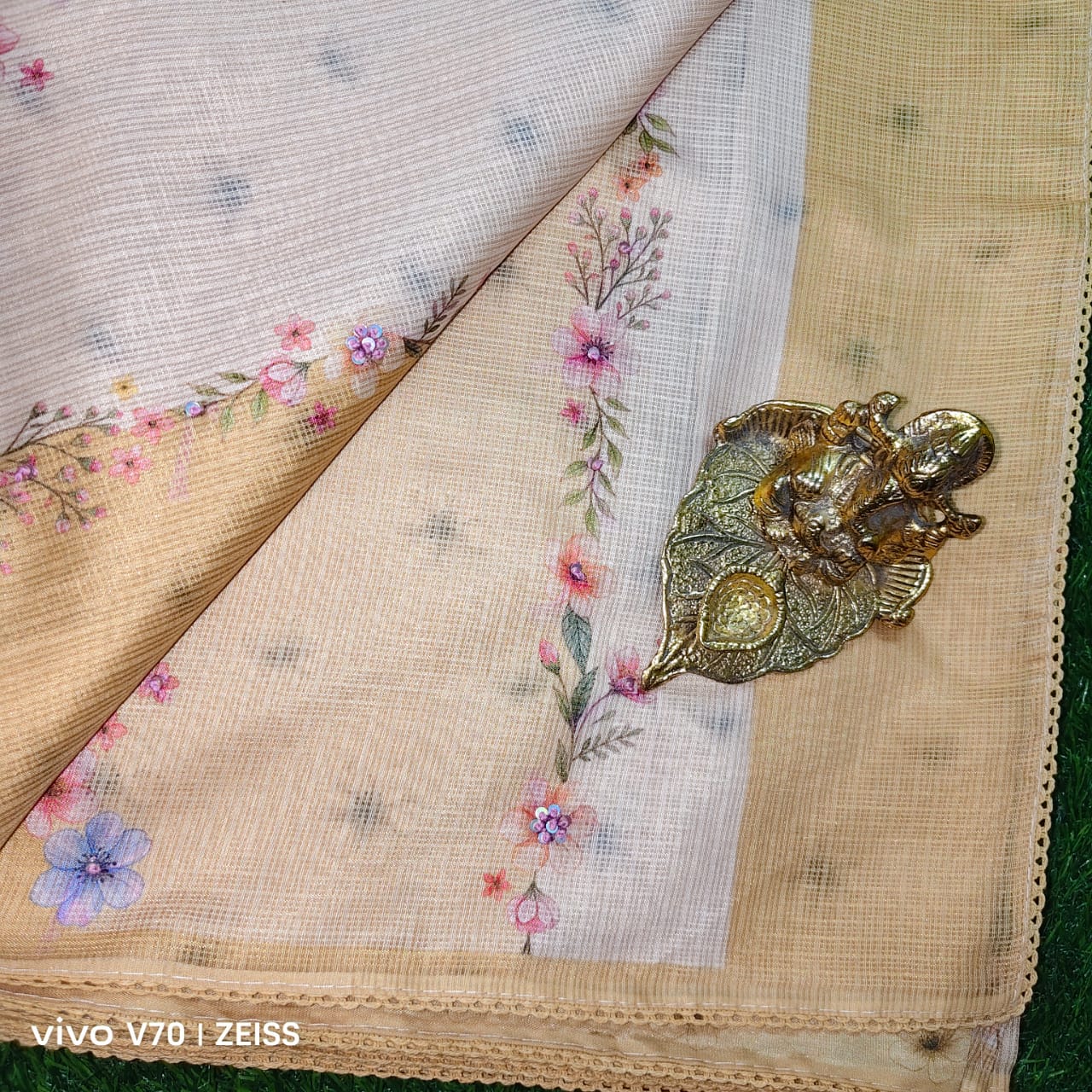 Sandalwood Kota Doria Floral Saree with Lace Border