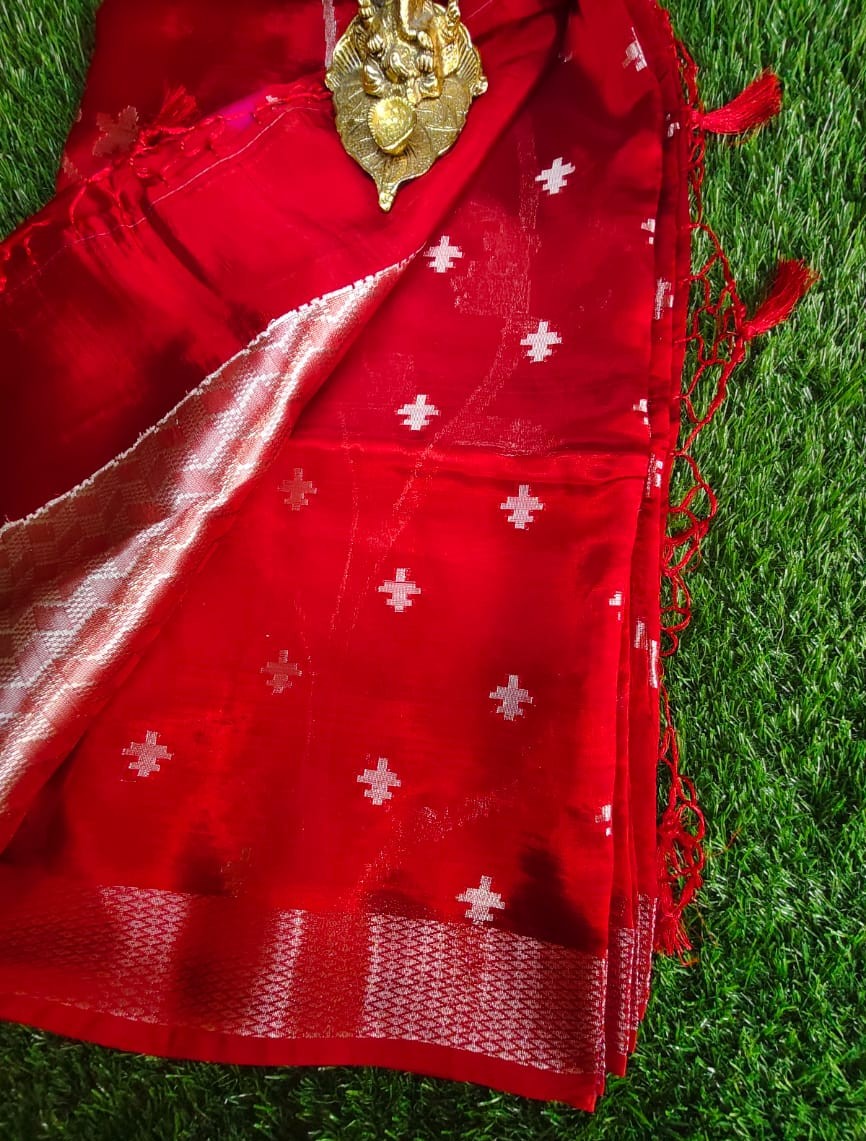 Classy Red Raw Mango Silk Saree with Handwoven Jamdani Work