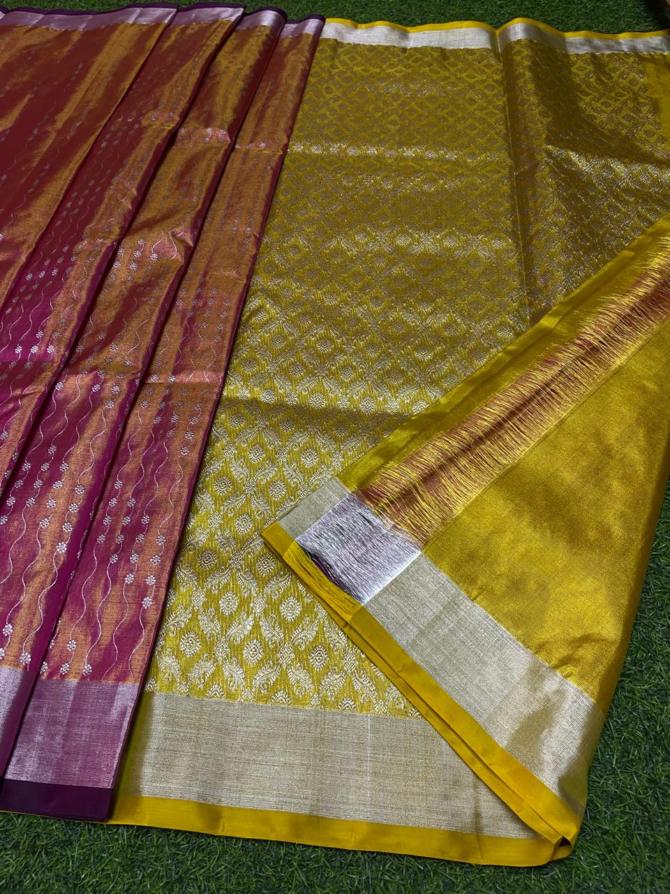 Venkatagiri Pure Handloom Tissue Saree with 4 Inch Designer Border and Hand Buta