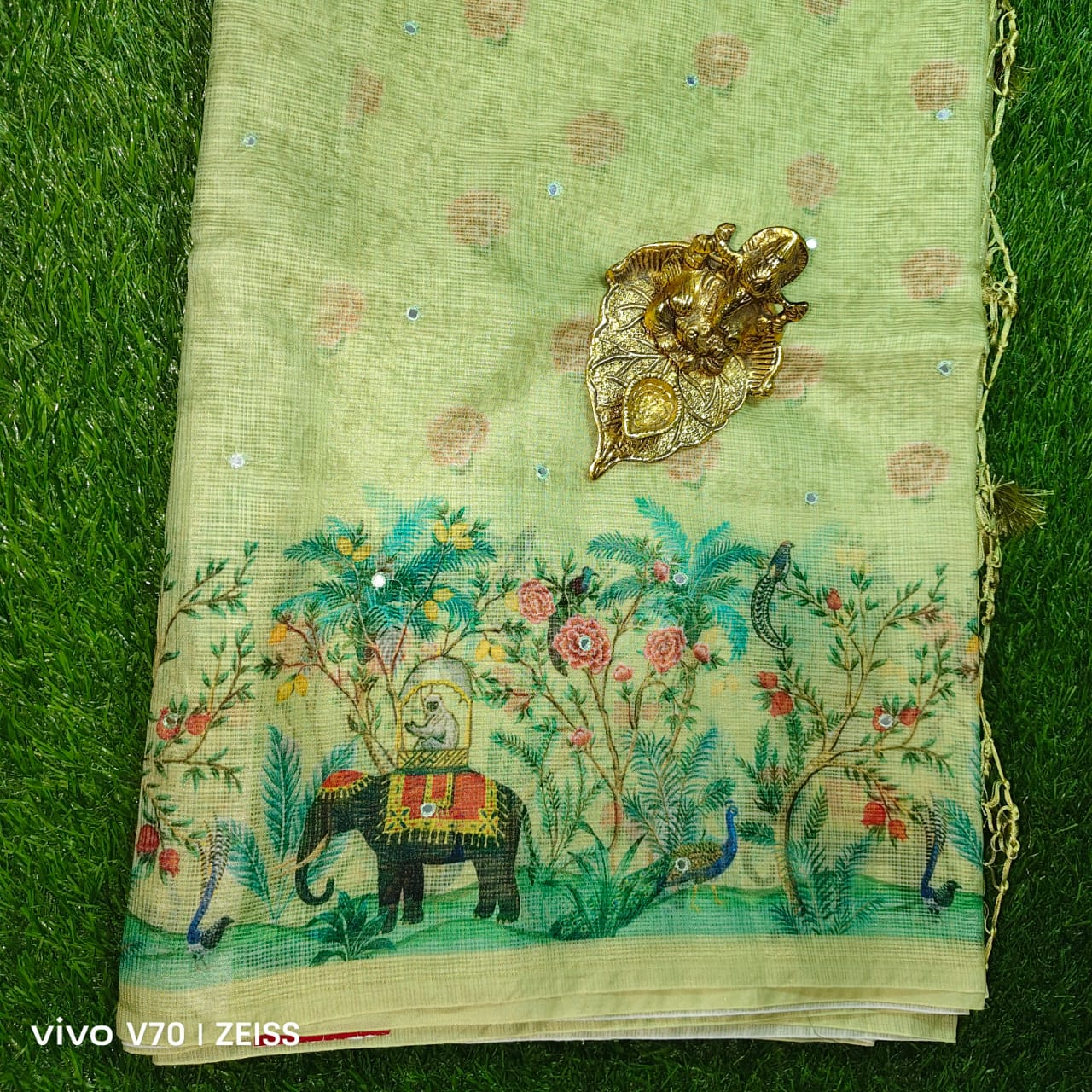 Soft Green Printed Kota Doria Saree with Elephant and Peacock Motifs
