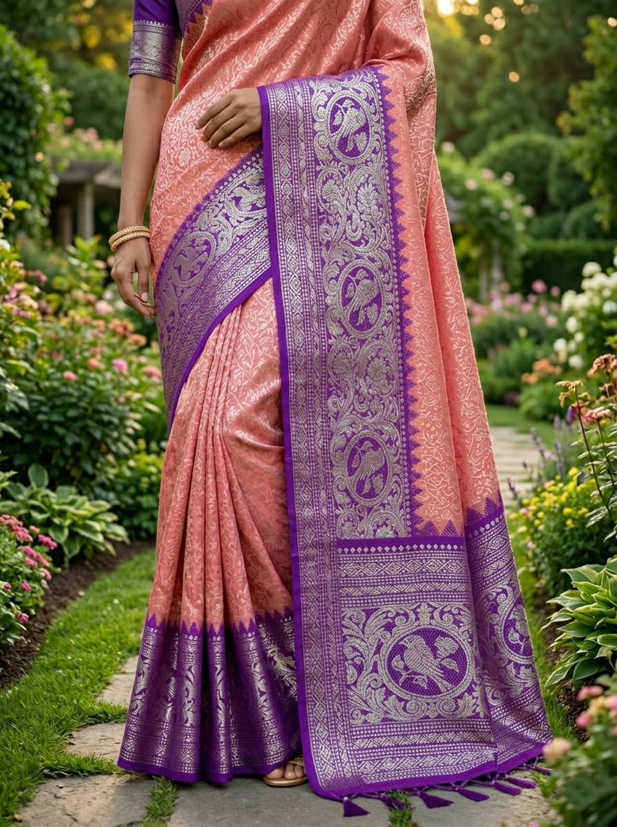 Venkatagiri Pure Handloom Pattu Saree with 12 Inch Special Kuttu Border and Hand Buta – Peach & Purple