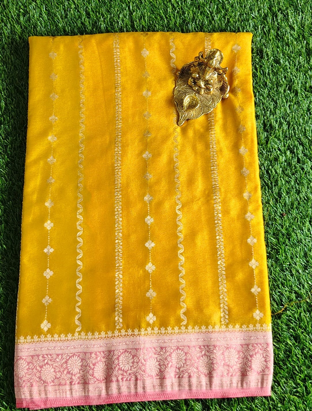 Mustard Yellow Georgette Saree with Pink Zari Brocade Pallu