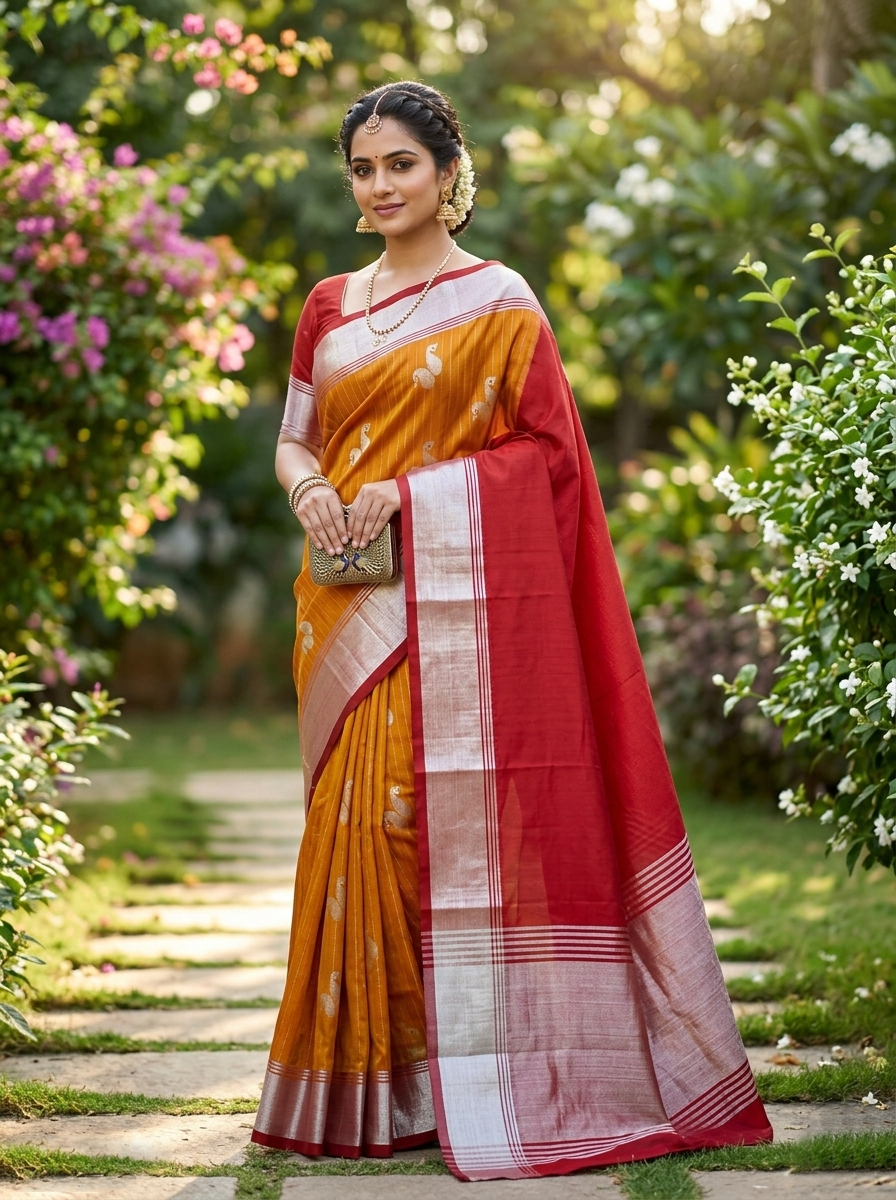 Venkatagiri Pure Handloom Pattu Saree with 6 Inch Kaddi Border and Hand Buta – Mustard Yellow & Red