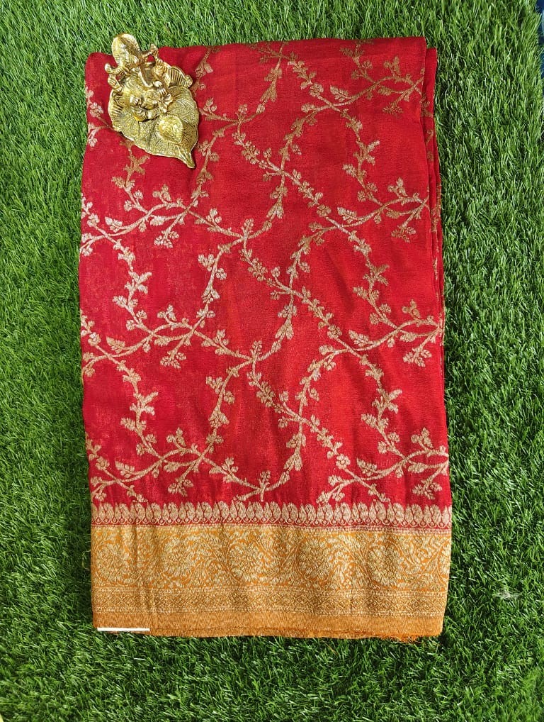 Beautiful Red Khaddi Jaal Pure Georgette Saree with Mango Yellow Border