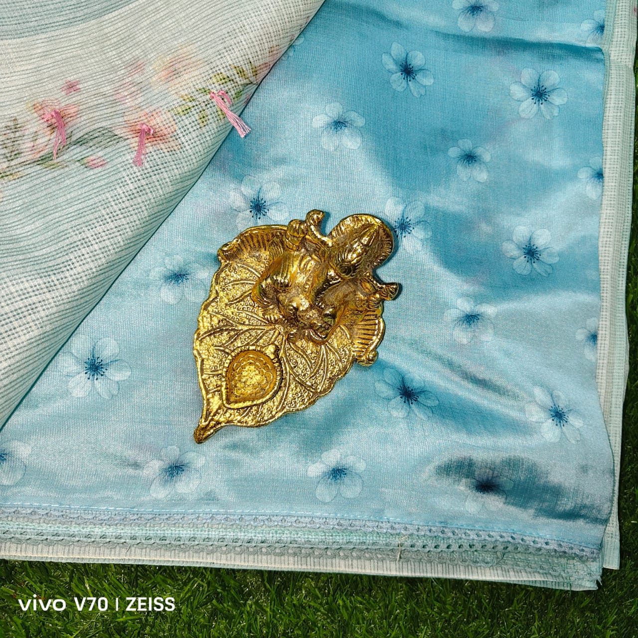 Sky Blue Kota Doria Floral Saree with Lace Border