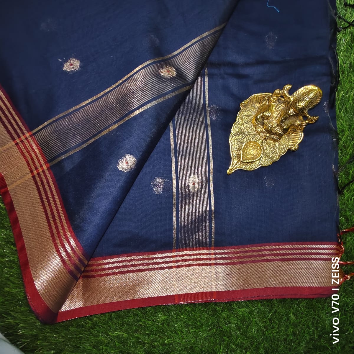 Navy Blue Chanderi Cotton Saree with Gold Zari Border and Woven Motifs