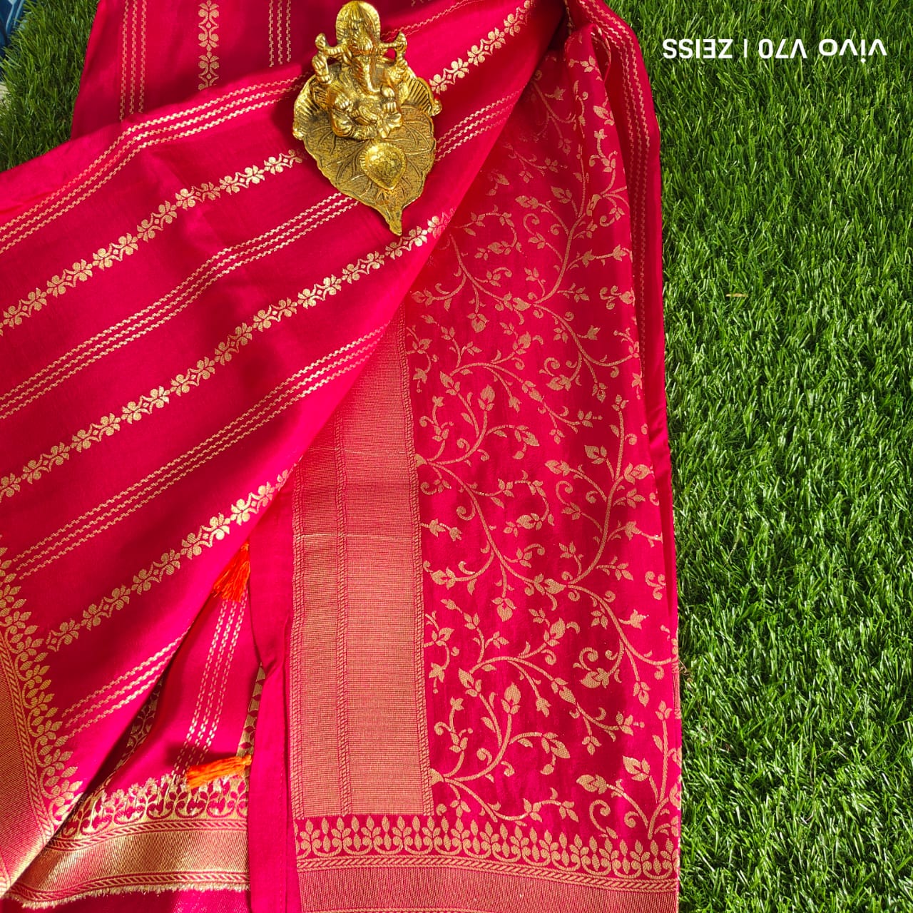 Pink Dola Silk Saree with Gold Zari Stripe Weaving and Floral Border with Orange Blouse
