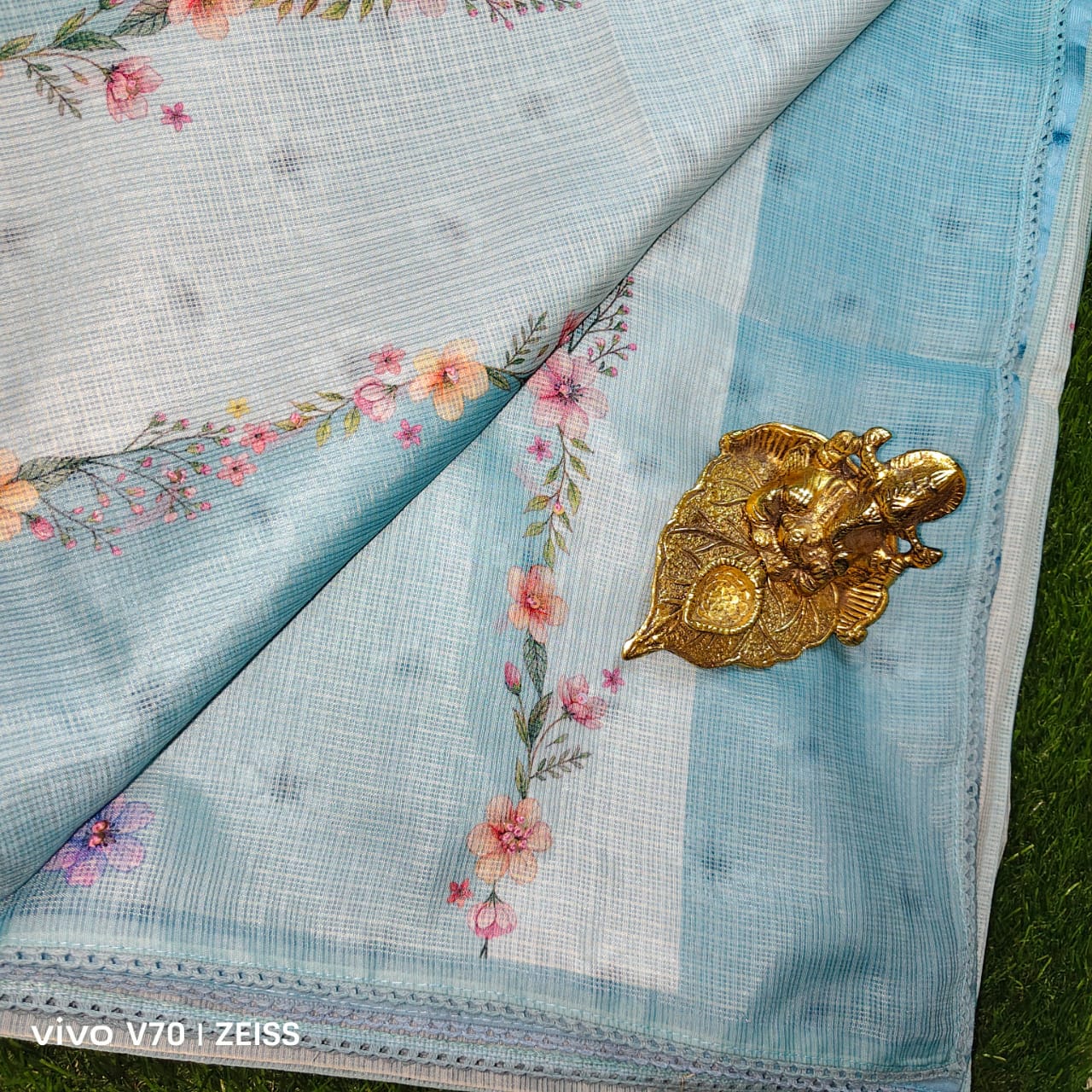 Sky Blue Kota Doria Floral Saree with Lace Border