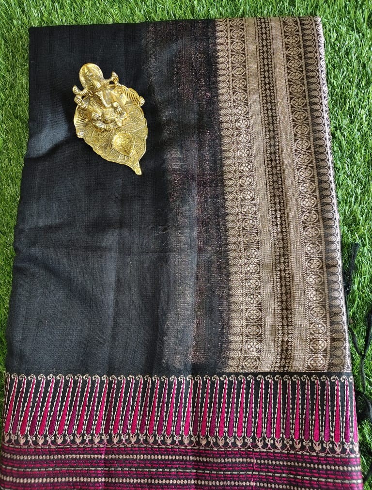 Classic Black Jute Linen Saree with Rich Gold Brocade