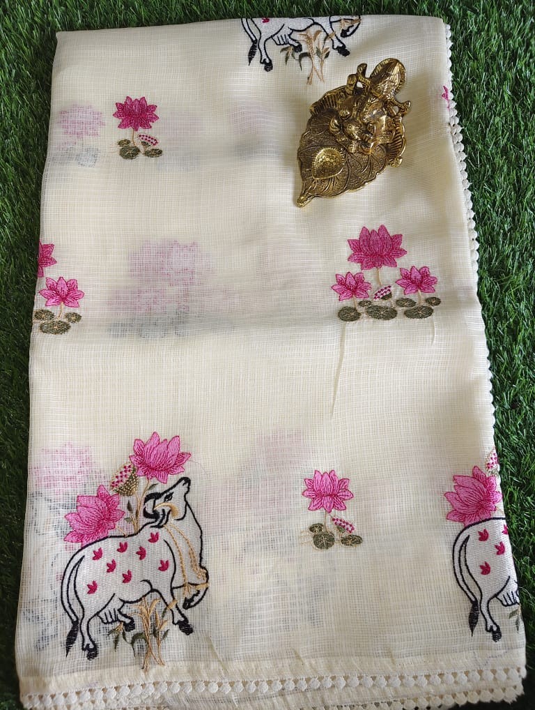 Classy White Kota Saree with Pichwai Cow and Lotus Embroidery