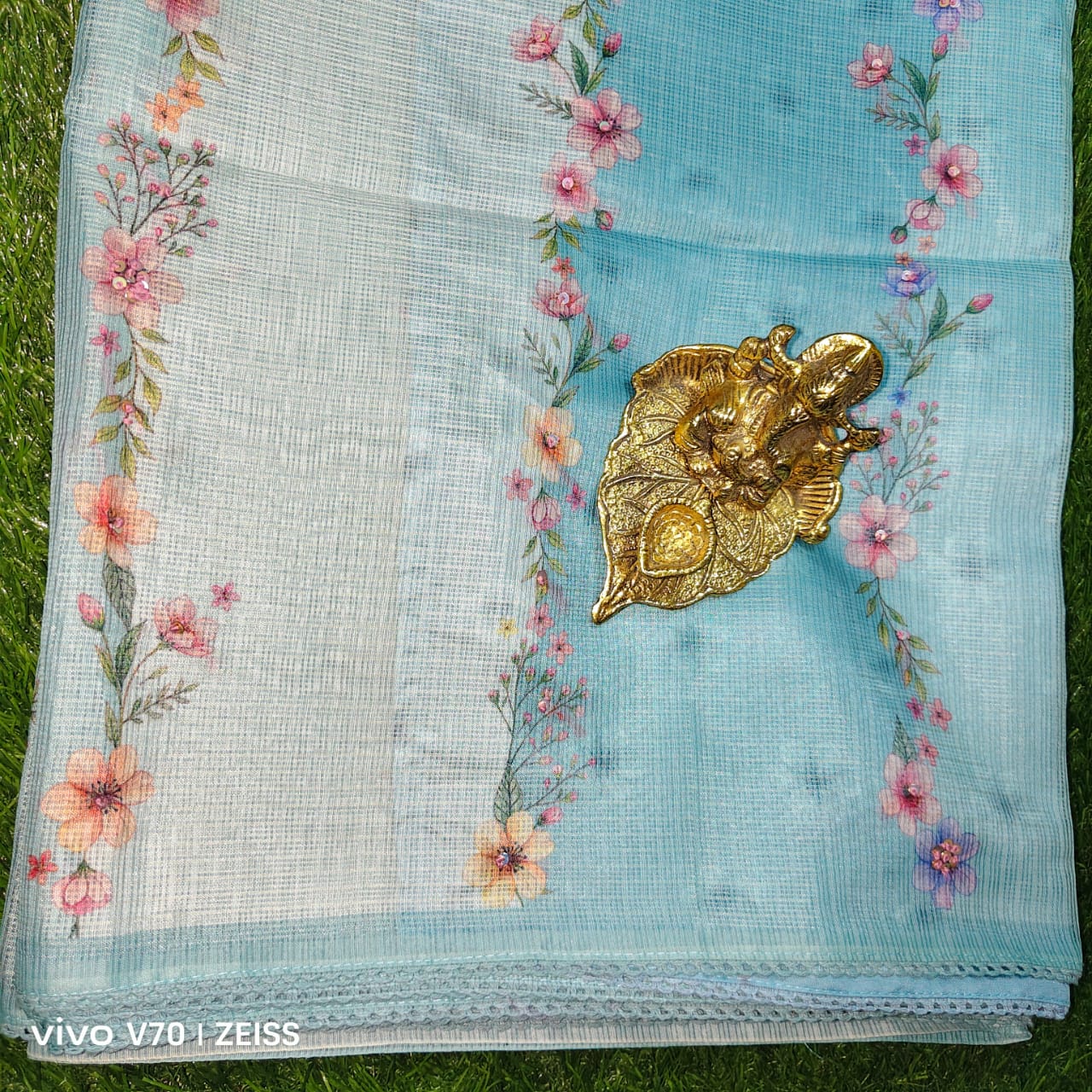 Sky Blue Kota Doria Floral Saree with Lace Border