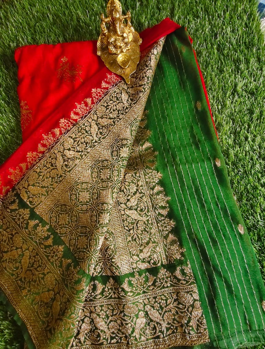 Beautiful Red Khaddi Georgette Saree with Green Contrast Border and Parrot Motifs