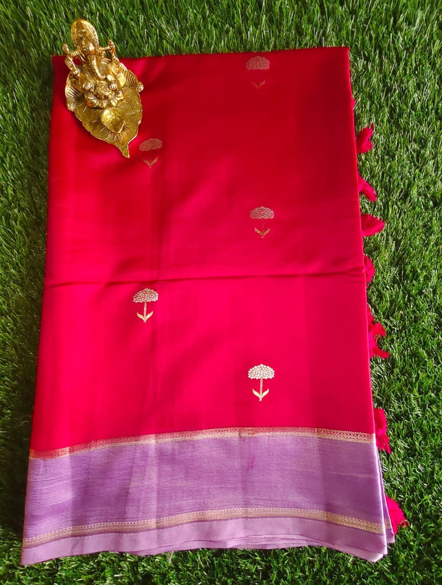 Red Raw Silk Saree with Allover Buta Weaving and Lilac Gap Border