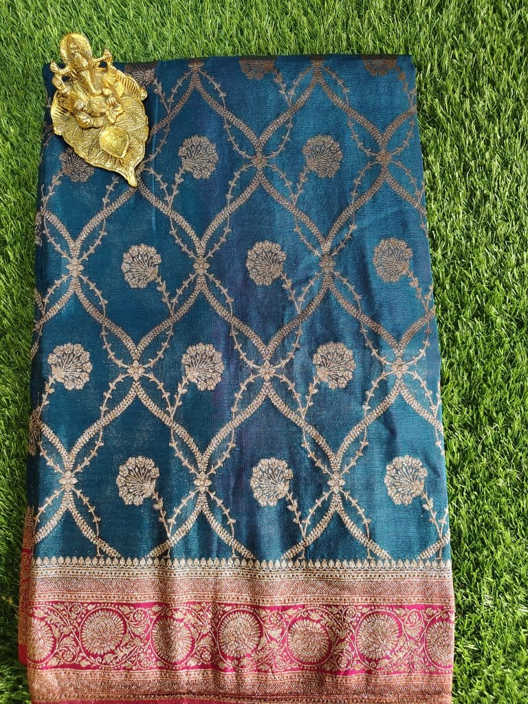 Teal Blue Khaddi Jaal Pure Georgette Saree with Antique Zari Work and Pink Border