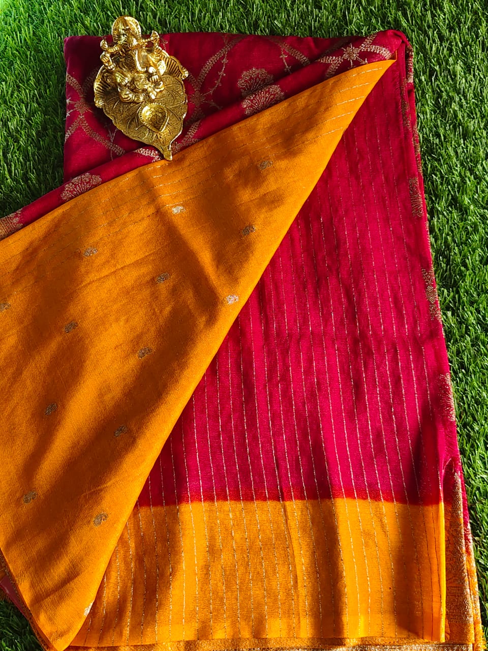 Red Khaddi Jaal Pure Georgette Saree with Antique Zari Work and Yellow Border