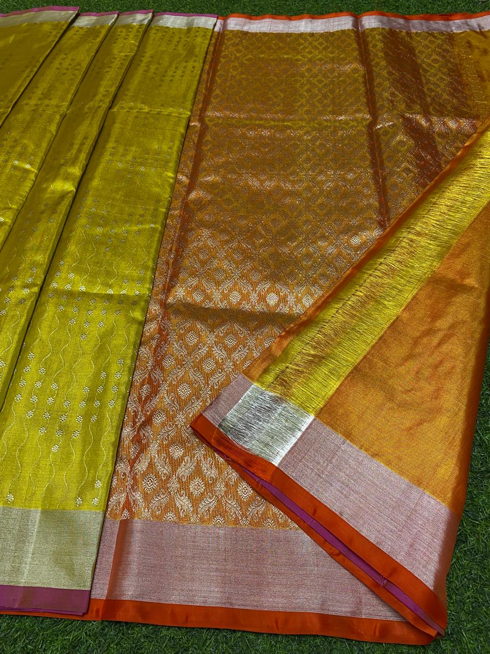 Venkatagiri Pure Handloom Tissue Saree with 6 Inch Border and Hand Buta