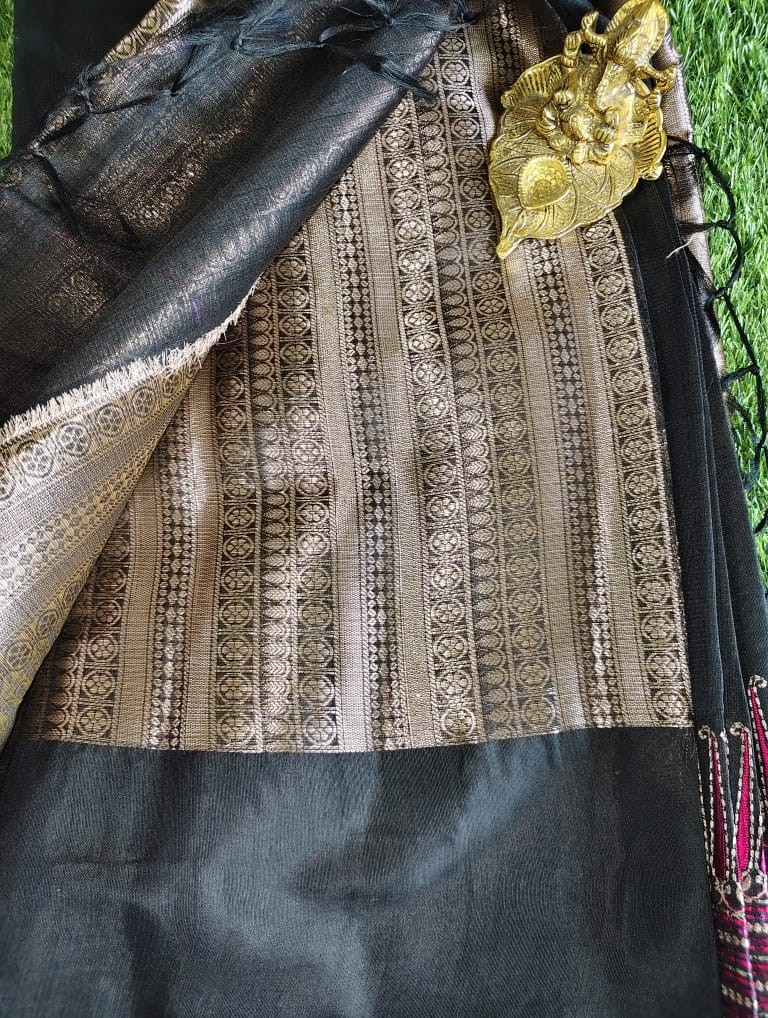 Classic Black Jute Linen Saree with Rich Gold Brocade