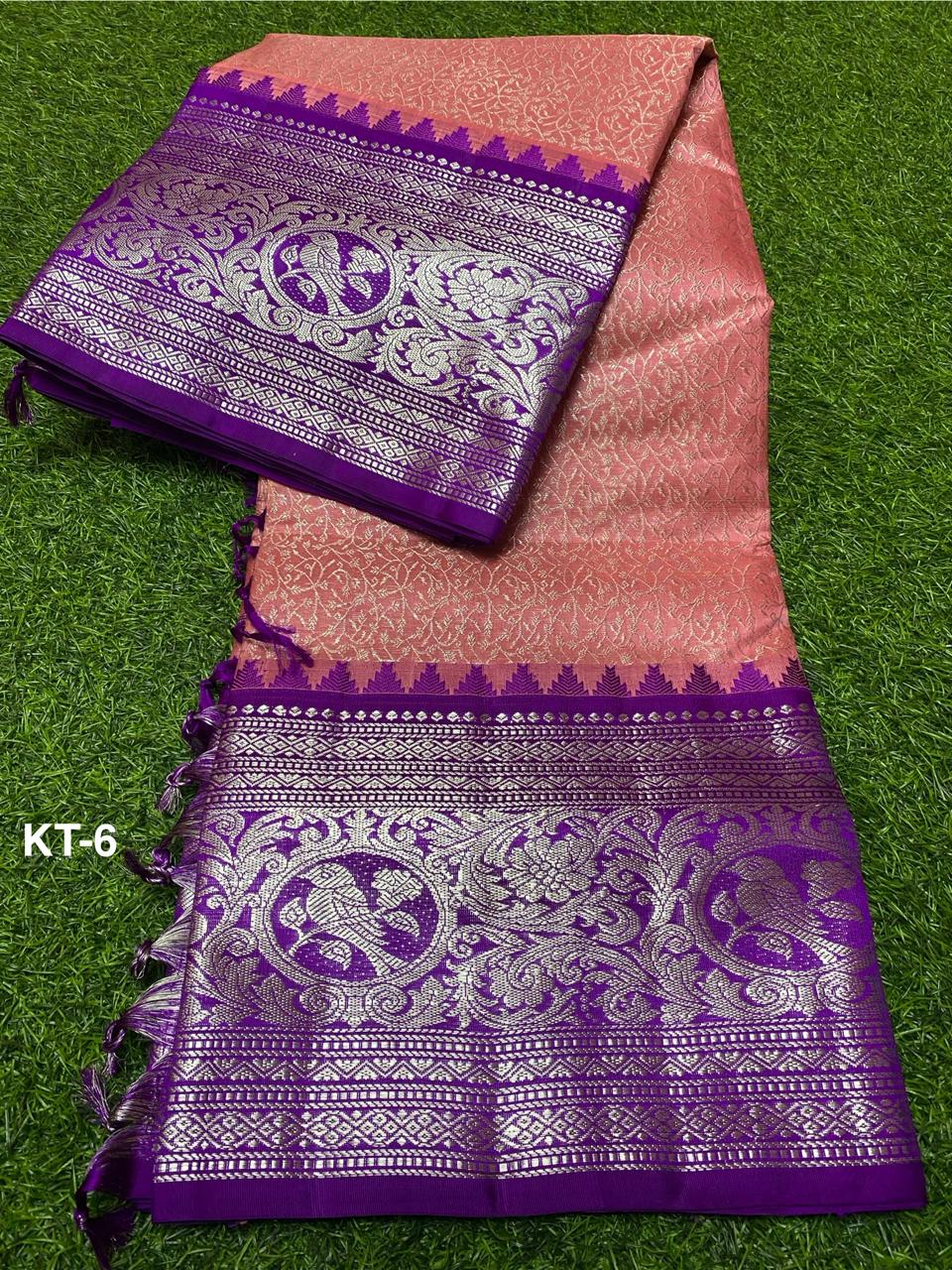 Venkatagiri Pure Handloom Pattu Saree with 12 Inch Special Kuttu Border and Hand Buta – Peach & Purple