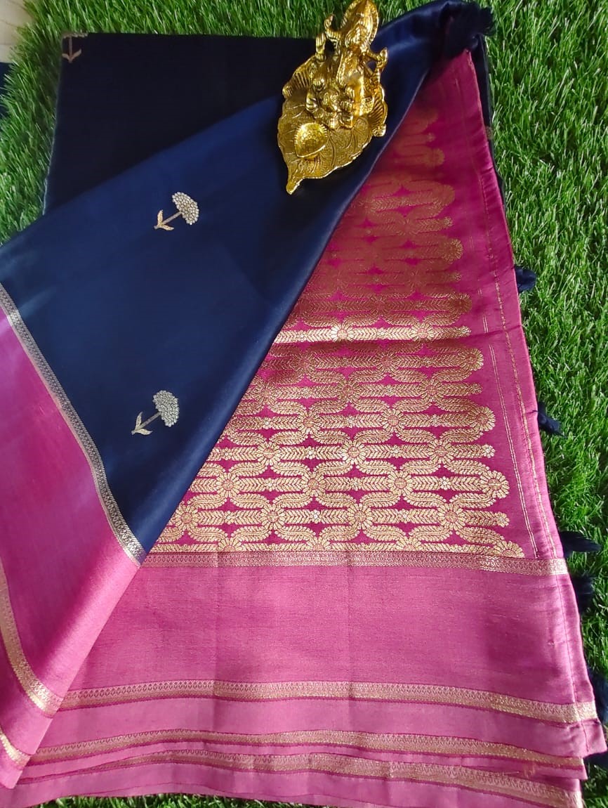 Navy Blue Raw Silk Saree with Allover Buta Weaving and Pink Gap Border