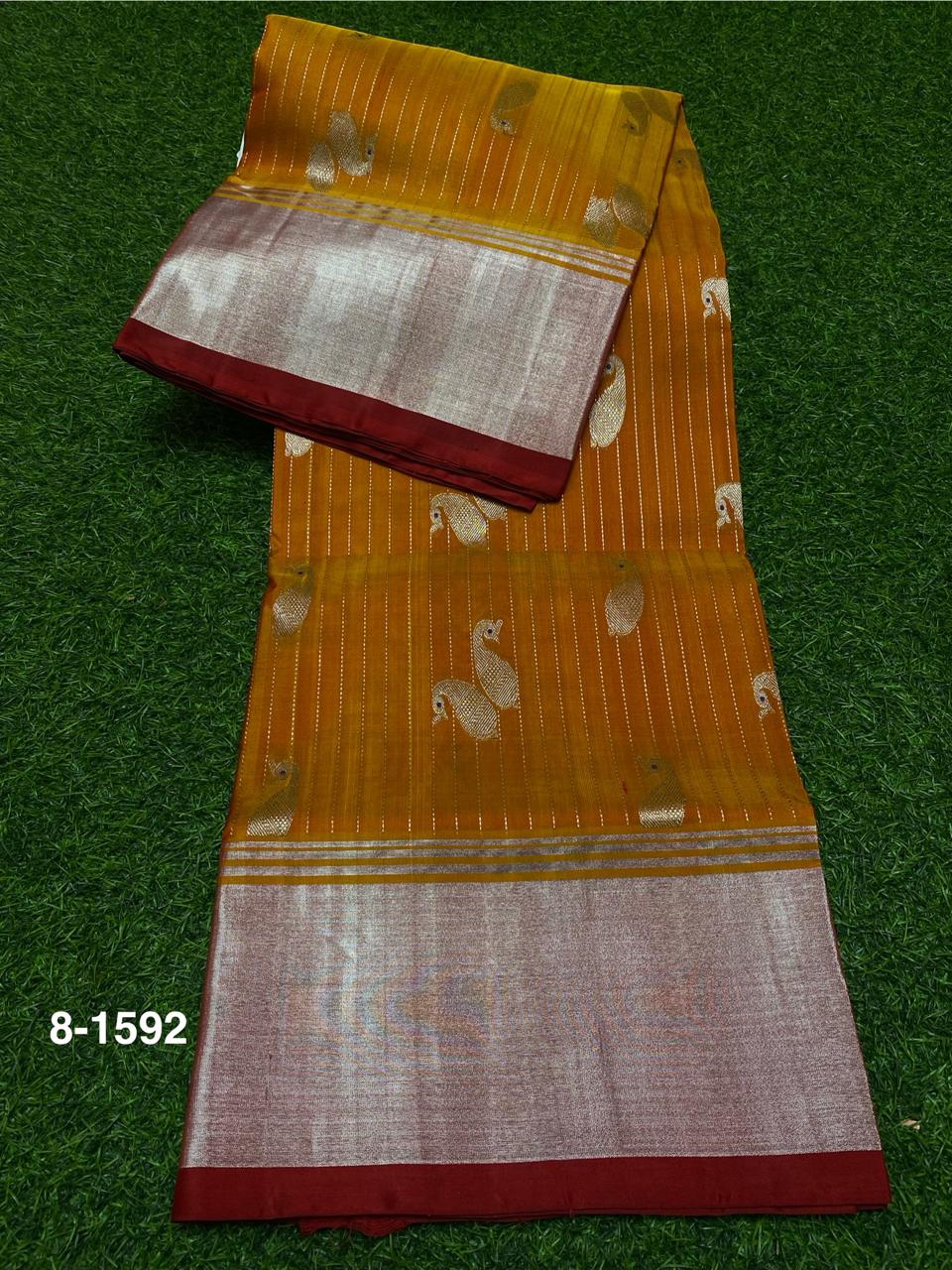 Venkatagiri Pure Handloom Pattu Saree with 6 Inch Kaddi Border and Hand Buta – Mustard Yellow & Red