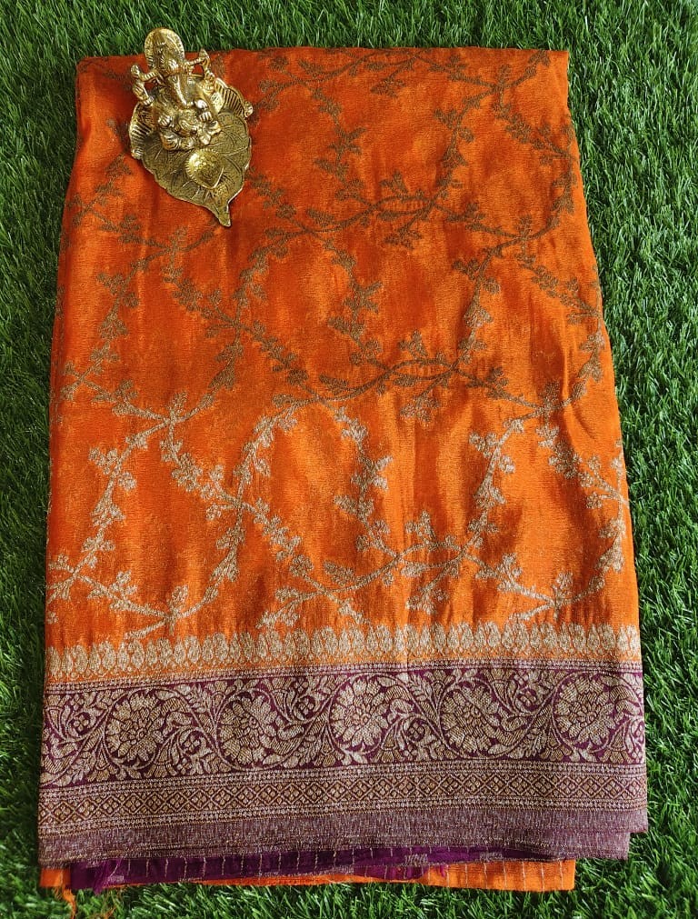 Beautiful Orange Khaddi Jaal Pure Georgette Saree with Wine Contrast Border