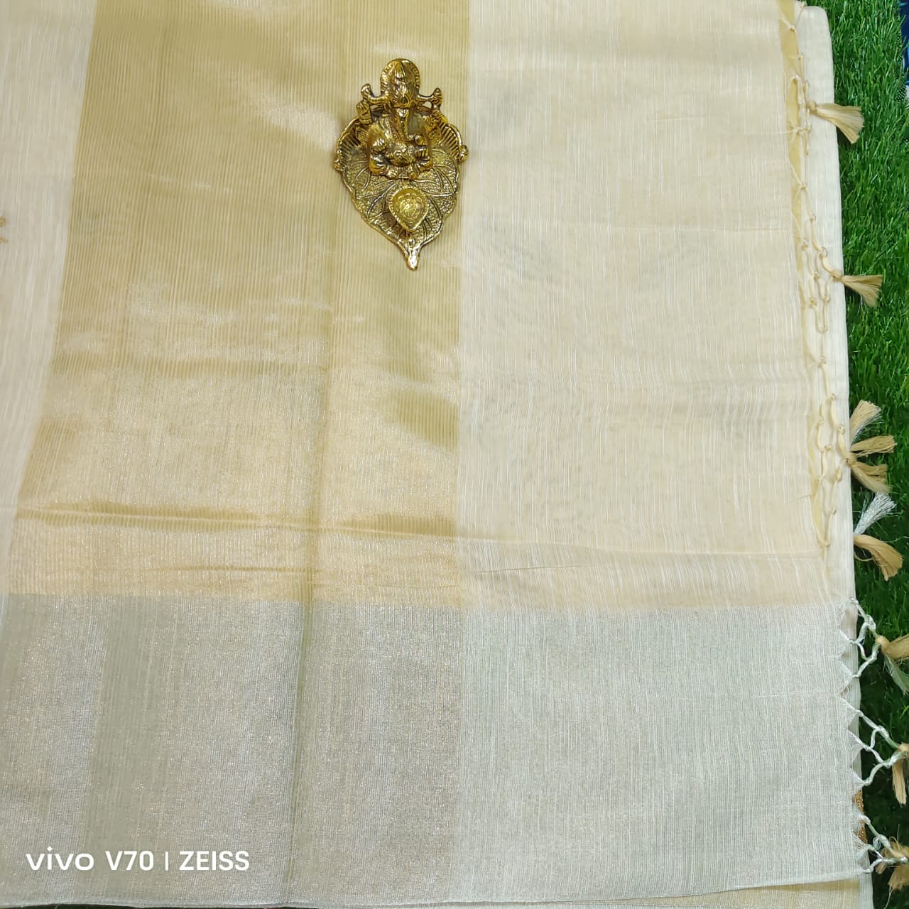 Beautiful Cream Chanderi Saree with Mint Green Border and Gold Floral Embroidery